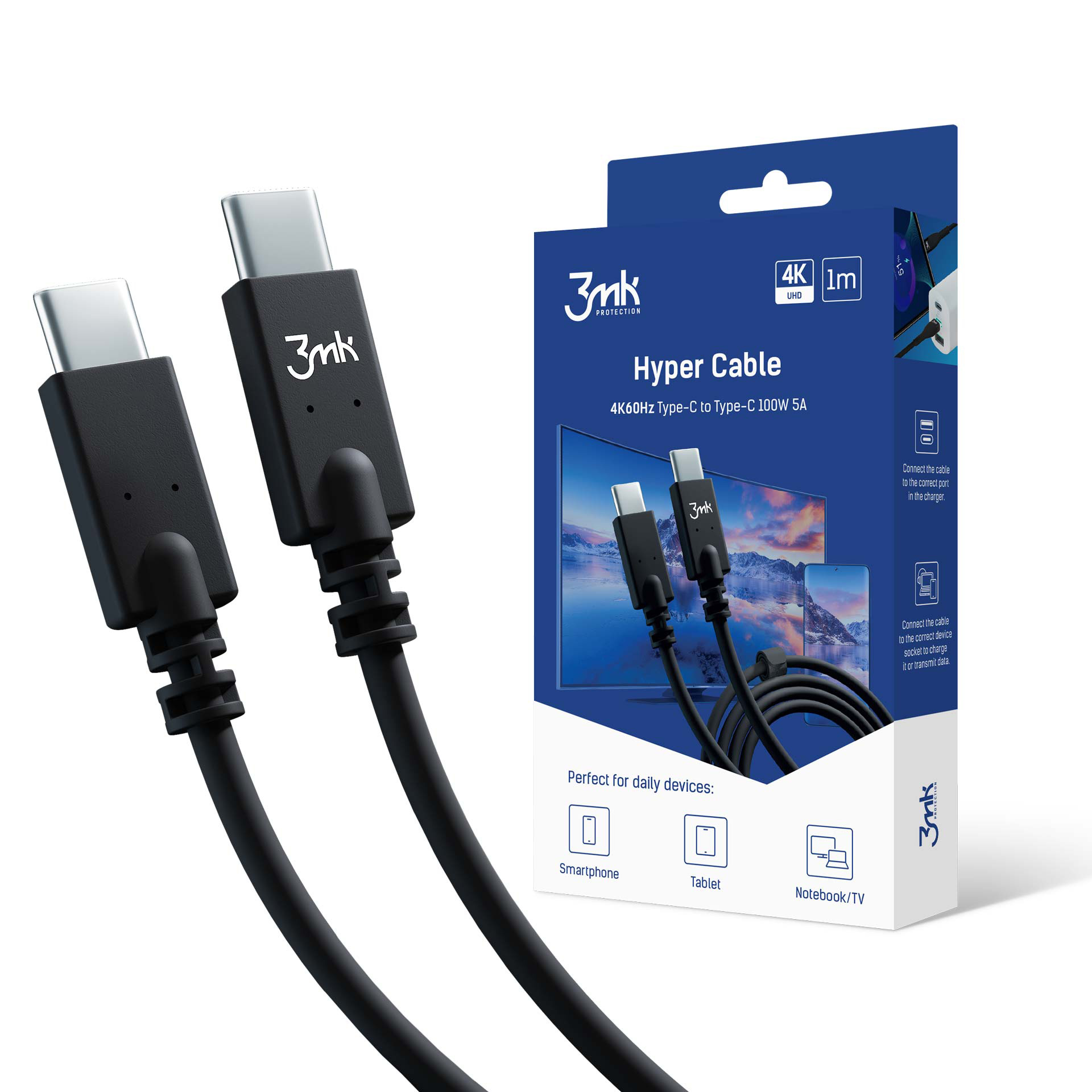 kabel 3mk Hyper Cable 4k60Hz 1m 100W C to C,  5903108464550