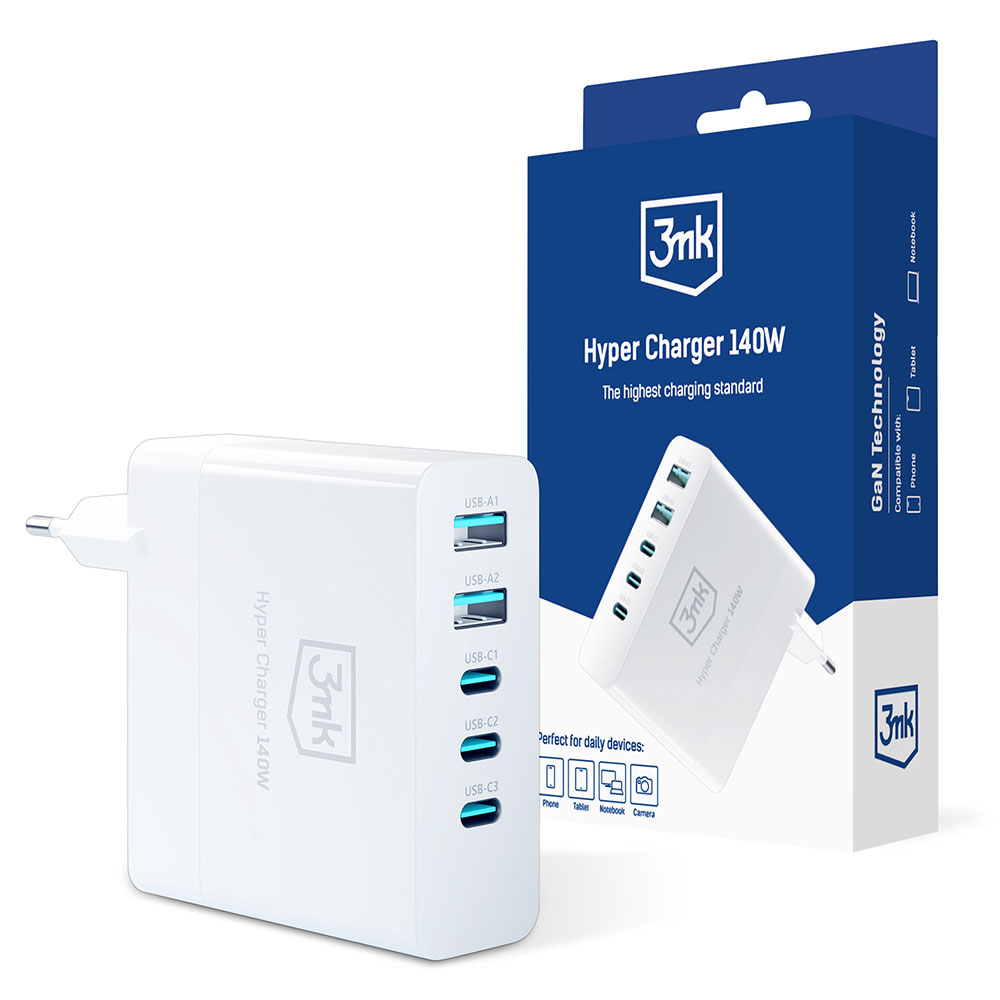 síťová nabíječka - Hyper Charger 140W, GaN 3x USB-C (PD) / 2x USB, bílá