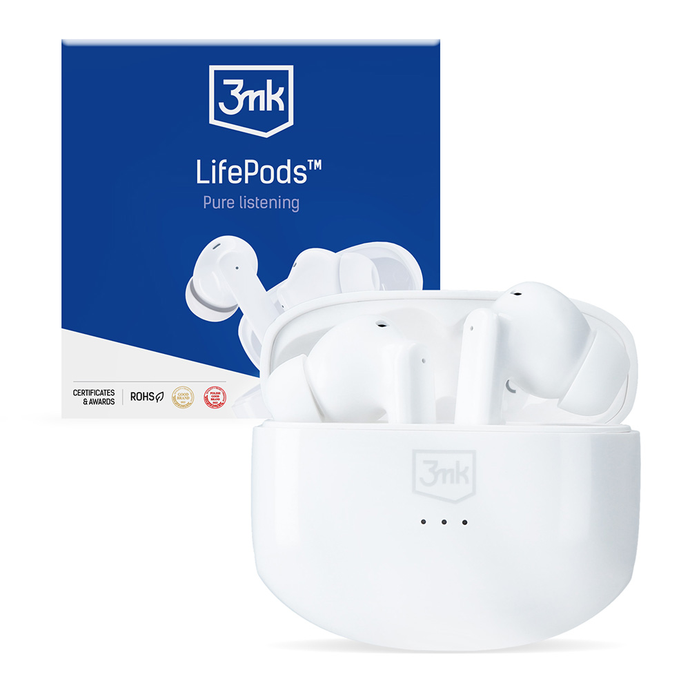 bezdrátová stereo sluchátka LifePods, stereo, nabíjecí pouzdro, bílá